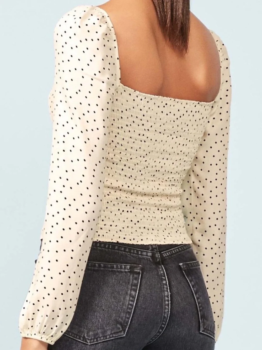 Reformation Reign Cream Polka Dot Sweetheart Long Sleeve Top